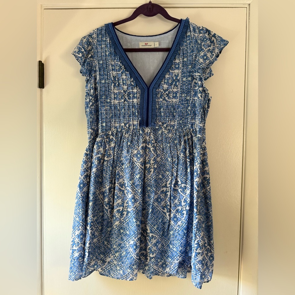 Vineyard Vines Cay Scarf Print Short Sleeve Fringe Dress Blue White Large - Picture 3 of 9